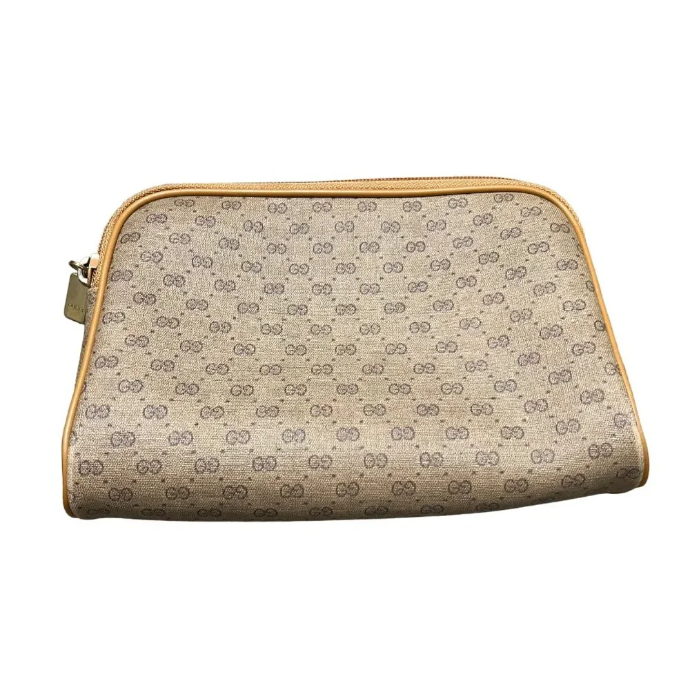 VIntage Gucci Tan Brown Monogram Make Up Bag Pouch Zip Top - Picture 1 of 10